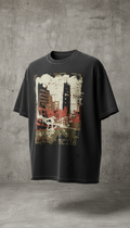 Street Black heavyweight cotton distressed graphic tee, Single tee displayed on torso (cropped at neck to mid-thigh for...