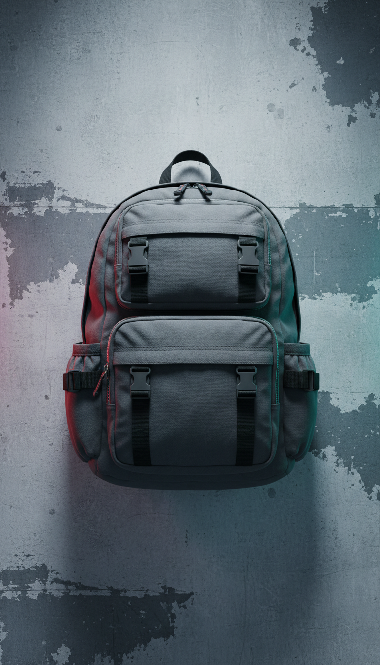 Neon-accented canvas utility backpack, Single-piece focus at a 3/4 angle on a textured neutral surface (concrete slab or...