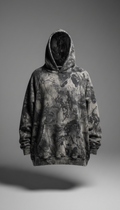 A perfectly centered front view of an oversized streetwear hoodie from the 'Street Shadows' collection, displayed against...