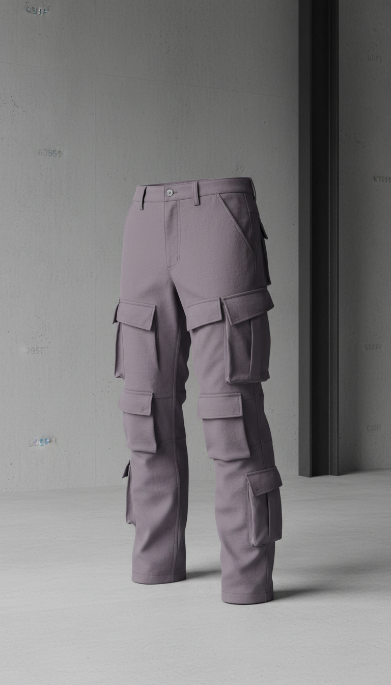 Shadow lavender structured cargo pants, 3/4 angle as default for garments—shows form and silhouette while capturing fabric...