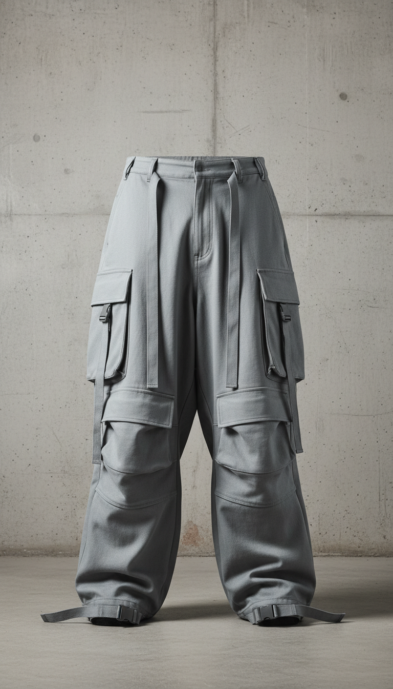 Centered oversized streetwear cargo pants showcased against a simple concrete wall background. The camera uses a...