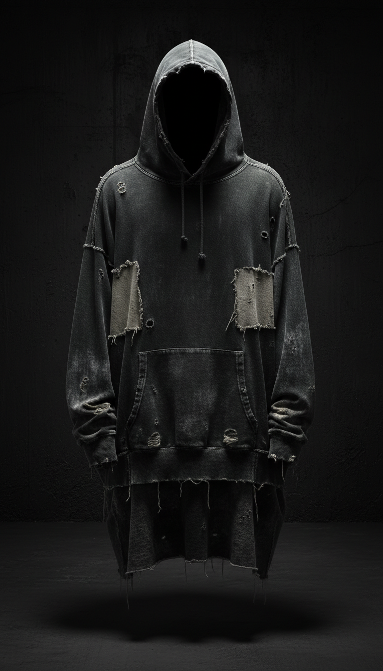 Oversized distressed hoodie, Three-quarter frontal product shots on model (never flat lay), showing garment drape and...