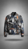 A bold print jacket from the Concrete Jungle collection is centered against a Concrete Silver background. The jacket's...