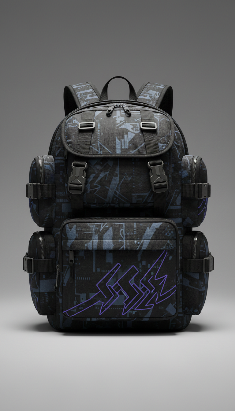 A perfectly centered anime-themed streetwear backpack displayed against a neutral 'Stormy Grey' backdrop. The backpack is...