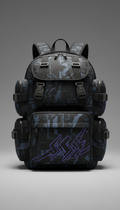 A perfectly centered anime-themed streetwear backpack displayed against a neutral 'Stormy Grey' backdrop. The backpack is...