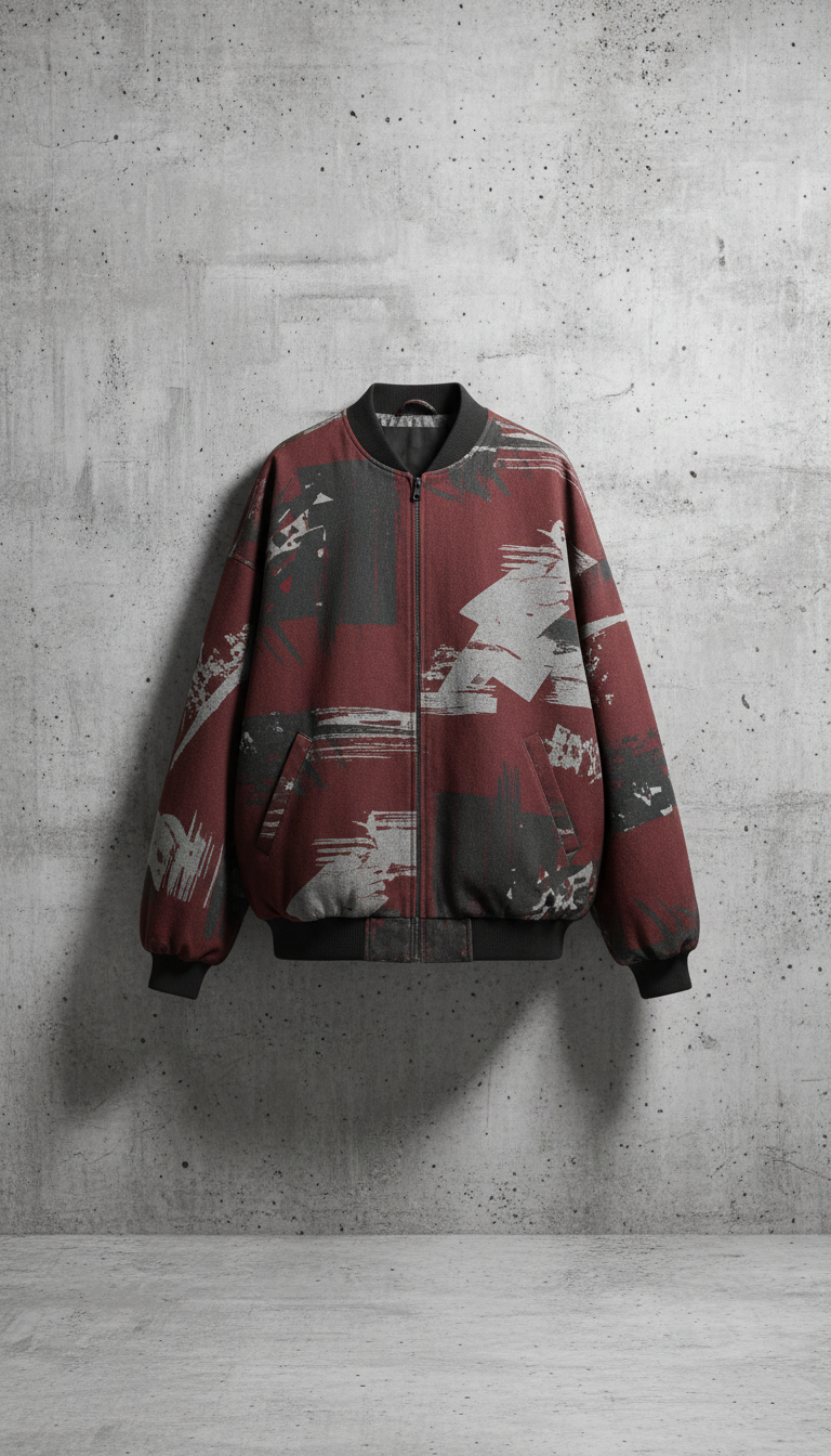 A street-style jacket featuring bold graphics, displayed against a raw concrete wall. The jacket is perfectly centered,...